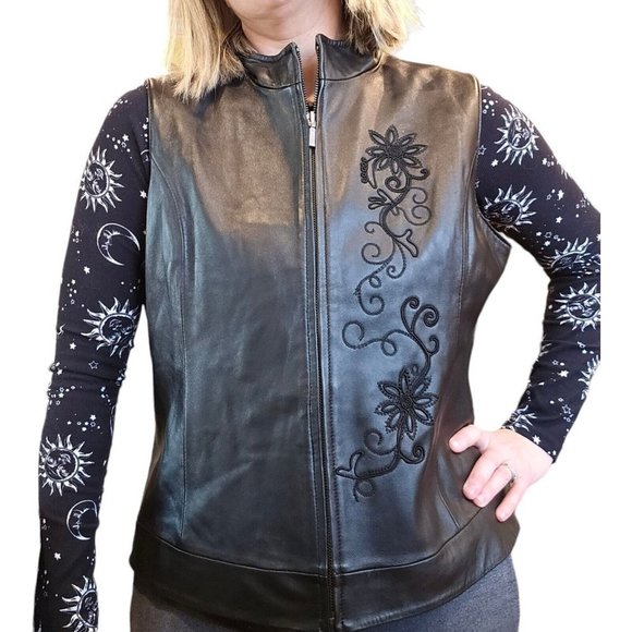 Y2k Black Leather Floral Embroidered Zipup Vest Large Biker Edgy Lined‎ - Picture 10 of 10